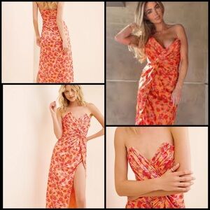 Dee Elly Floral Column Satin Strapless Coquette Romantic Dress Orange and Pink L